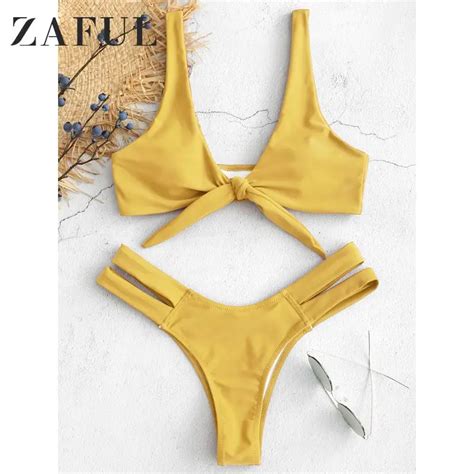 Zaful Sexy Women Swimwear Tie Front Cutout Plunge Bikini Set Bathing Suits Plunging Neck Wire