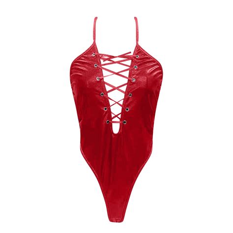 Rinsvye Womens Leather Lingerie Bodysuit String Lace Up Catsuit