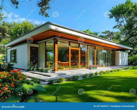 A Modern House With Glass Walls And Green Grass Stock Photo Image Of