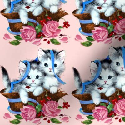 Cats Kittens Pussy Baskets Roses Flowers Fabric Spoonflower