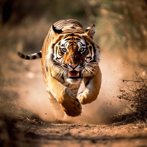 Premium Photo Photo Tiger Running In Action On The Field Grass