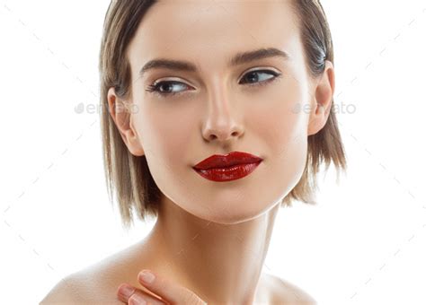 Blonde Female Bright Red Lips Looking Camera Smiling Shine Nude Makeup Isolated White