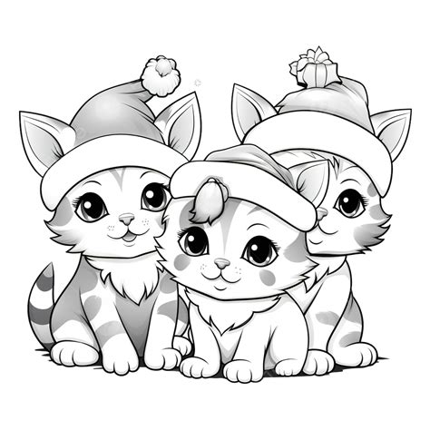 Cartoon Kittens Group On Christmas Time Coloring Book Page, Christmas