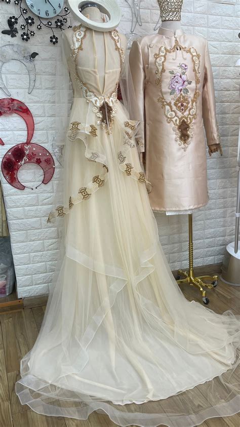 Traditional Vietnamese Wedding Ao Dai In Nude Cream With Beaded Lace Optional Head Piece