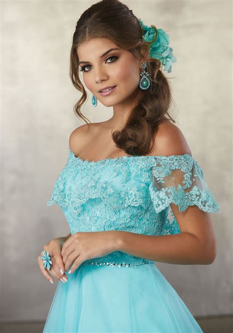 Lace And Tulle Party Dress With Off The Shoulder Flounced Neckline