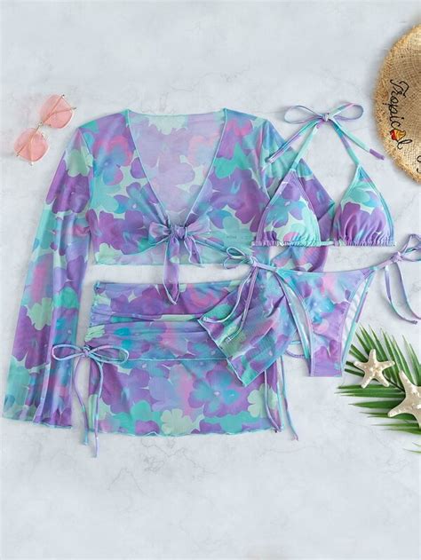 Shein Swim Vcay Watercolor Floral Print Bikini Set Halter Triangle Bra Bikini Bottom Cover