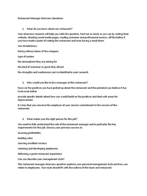 Restaurant Manager Interview Questions | PDF | Restaurants | Competence ...