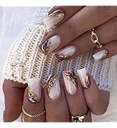 Agasar Pcs Short Oval False Nails Glitter Silver Tip Stick On Nails Nude Pink Press On Nails