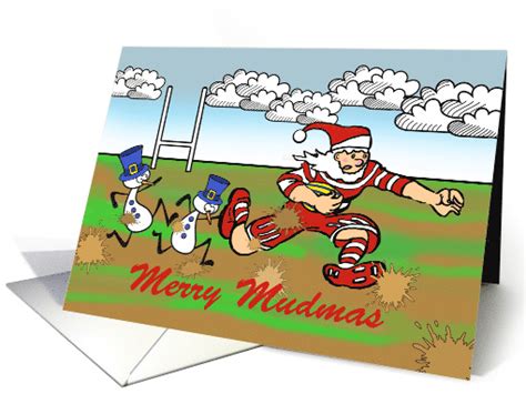 Merry Mudmas Christmas Rugby Santa Claus With Rugby Ball Card