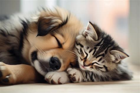 Premium AI Image | Cute dog and cat sleeping together in a bed