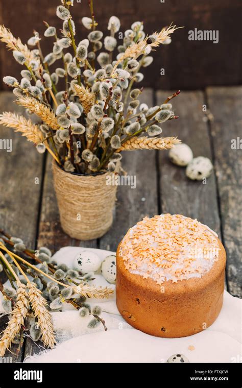 Easter Cake With Pussy Willows Bouquet Stock Photo Alamy