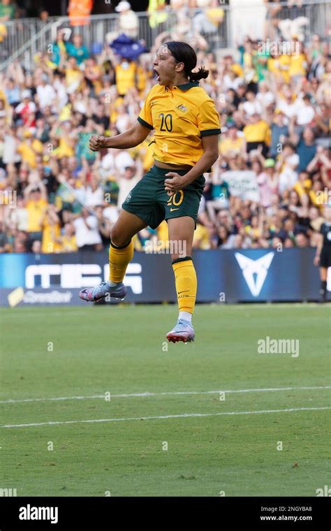 Sam Kerr of Australia celebrates a goal that was later ruled offside ...