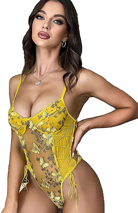 Kaise Women Sexy Lace Up Floral Embroidered Teddy Lingerie Bodysuit Top Mesh Sheer One Piece
