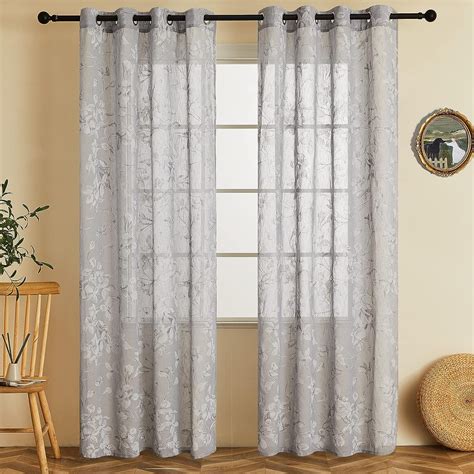 Topfinel Linen Textured Sheer Curtains Floral Printed Grommet Window