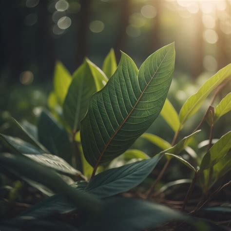 Um close up de uma planta o sol brilhando através das folhas