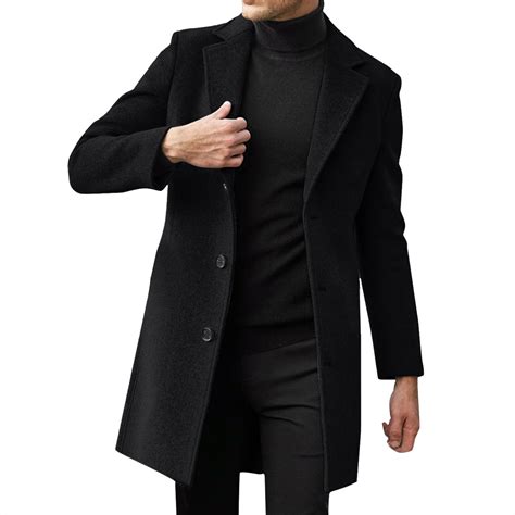 Wefuesd Trench Coat Mens, Black Leather Jacket, Lapel Collar Casual