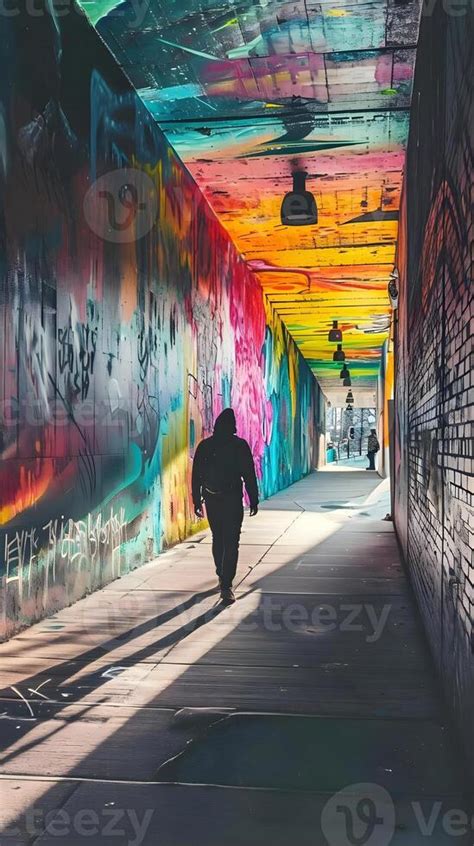 AI Generated A Person Walking Down A Tunnel Covered In Graffiti