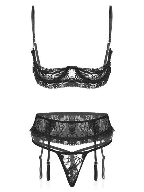 Agoky Women S Lace Lingerie Set Garter Belt Spaghetti Straps Bra And Panty G String Underwear