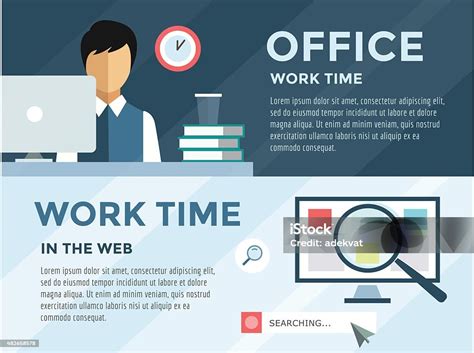 Pegawai Di Infografis Kantor Bekerja Waktu Loupe Dan Komputer Vektor