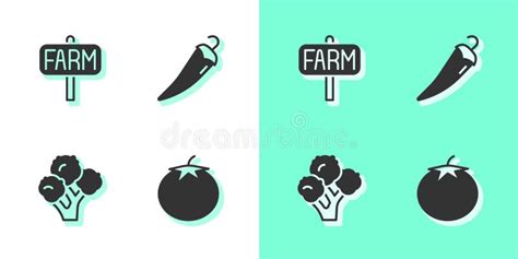 Set Tomato Location Farm Broccoli And Hot Chili Pepper Icon Vector Stock Vector