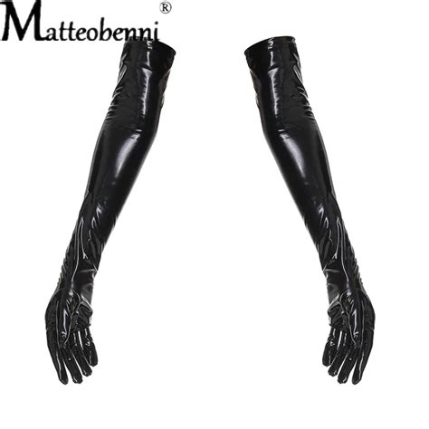 Uaang Sexy Wetlook Elastic Long Pu Gloves Women Punk Fetish Faux Leather Gloves Clubwear Hot