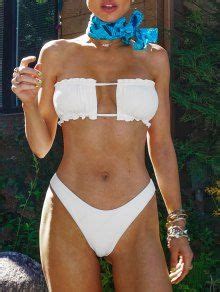 Zaful Ribbed Tie Cutout Bandeau Bikini Swimsuit In White Zaful
