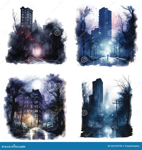 Four Watercolor Paintings Depicting Eerie Urban Landscapes Stock