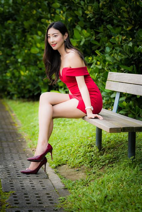 Asian Toys Teddy Bear Bench Shrubs Brunette Girl Sitting Dress Hat Legs Stilettos