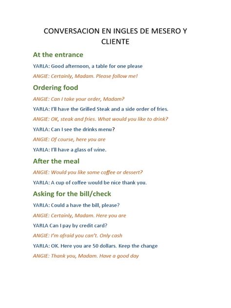 Conversacion En Ingles De Mesero Y Cliente Pdf