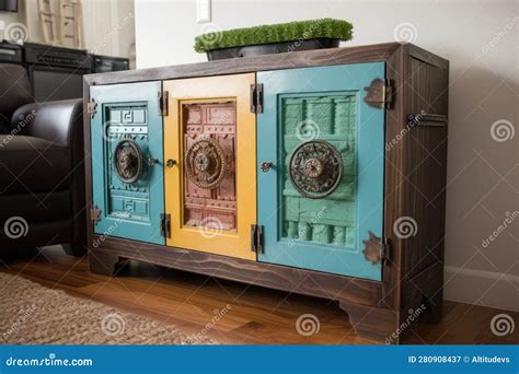 Upcycled Cabinet With Repurposed Doors Handles And Knobs Stock