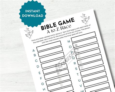 A-Z Race Printable Bible Game, Bible Study Group Party Game, Church