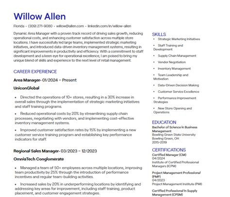 1 Area Manager Cv Examples Free Templates
