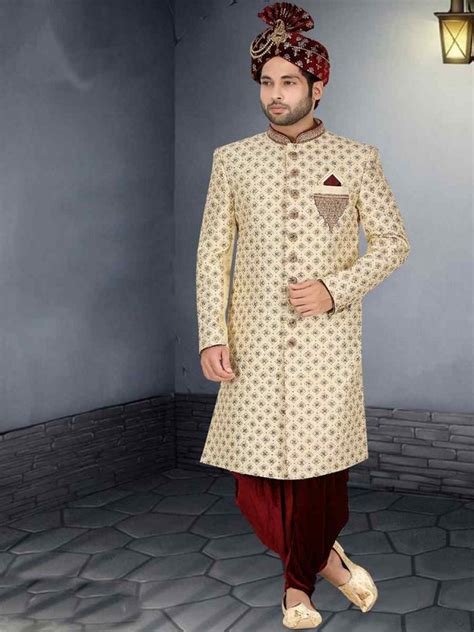 Cream Banarasi Jacquard Woven Groom Wedding Sherwani