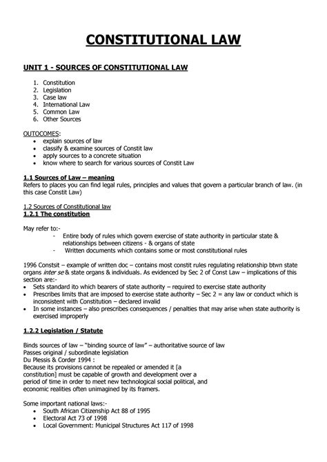 Csl2601 Summary Notes Constitutional Law Unit 1 Sources Of