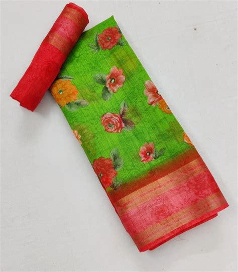 Formal Wear Green Floral Print Saree With Blouse Piece 55 M