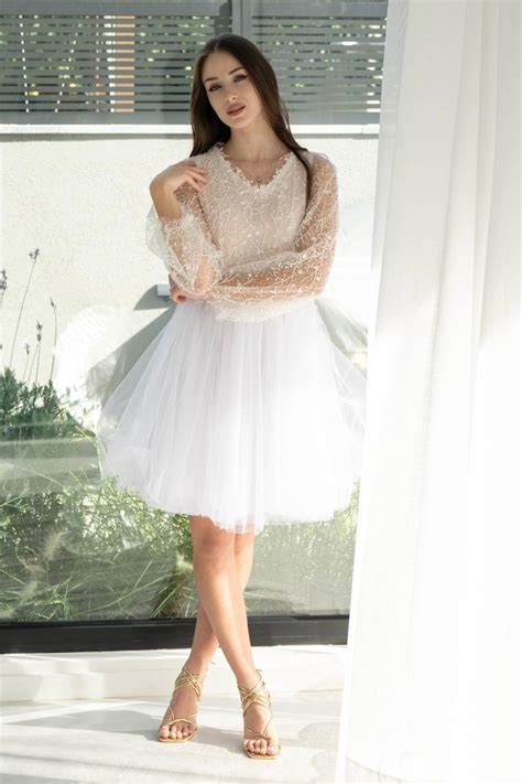 US4 36 Mini Wedding Dress Nude Wedding Dress Mini Wedding Dress With Lace Tutu Wedding Dress