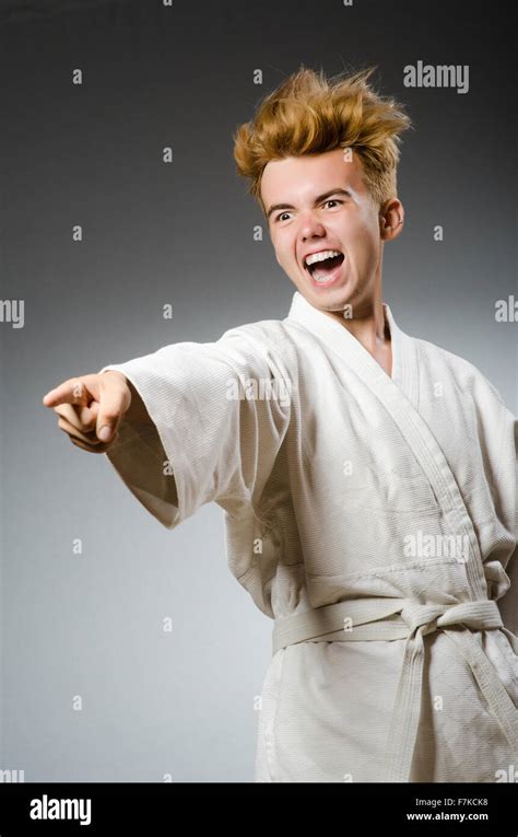 Funny Karate Fighter Wearing White Kimono Stock Photo Alamy