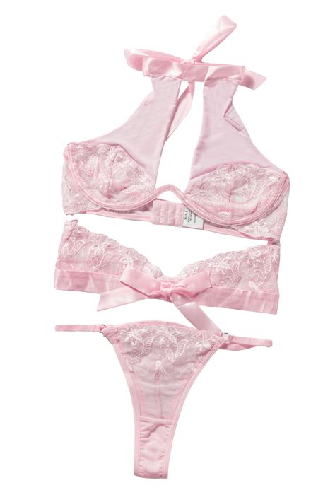 US 5 2 Pink Lace Mesh Cutout Satin Bow Lingerie Set Mshiying