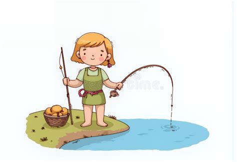 Cheerful Blonde Chibi Girl Fishing By A Calm River A Delightful Korean Cartoon Style