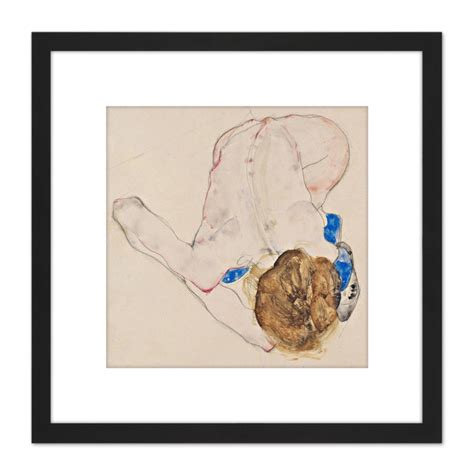 Egon Schiele Nude With Blue Stockings Bending Forward 8X8 Inch Square Wooden Framed Wall Art