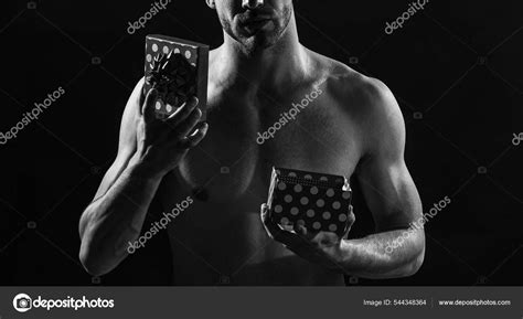 Sexy Muscular Macho Man With Naked Chest Hold Valentines Day Gift Box Love Stock Photo