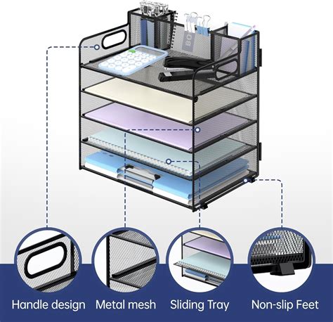 Intige 5 Tray Desktop Organizer With 3 Pencil Holders And Handle Desk