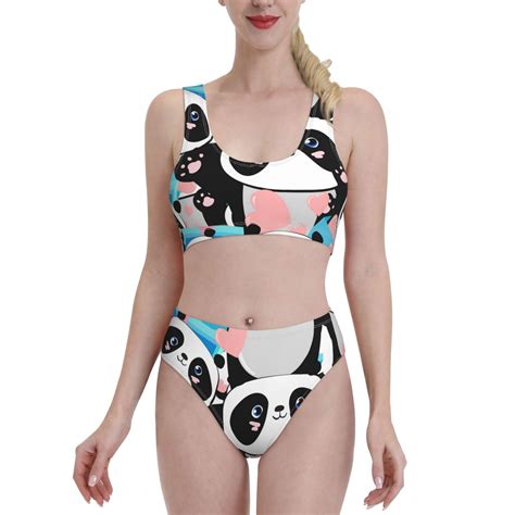 Fotbe Women S Panda Cute Pink Hearts Print Bikini High Waisted Swimsuit Two Piece Bathing Suit