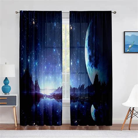 Starry Night Scenery Sky With Stars Moon Tulle Curtains For Living Room