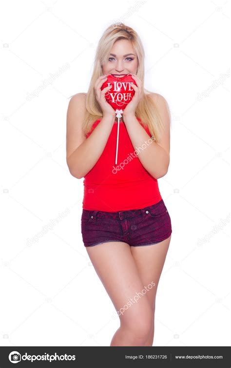 Portrait Beautiful Sexy Blonde Woman Balloon Shape Heart Red Ball Stock Photo
