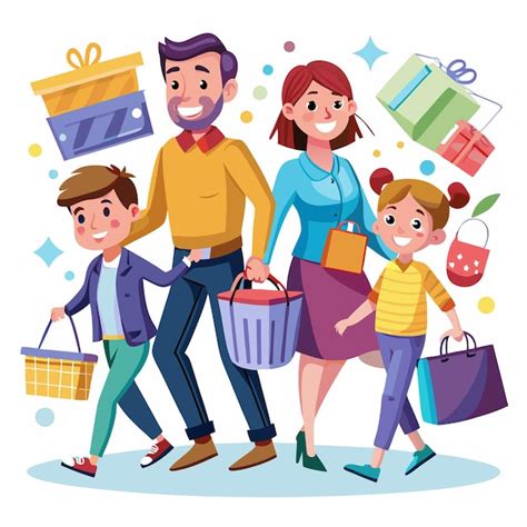 Familia Feliz Con Bolsas De Compras Y Cestas Caminando Juntos Vector