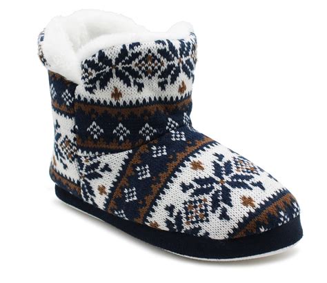 Womens Ankle Boot Slippers Knitted Fair Isle Warm Faux Fur Lined Slip