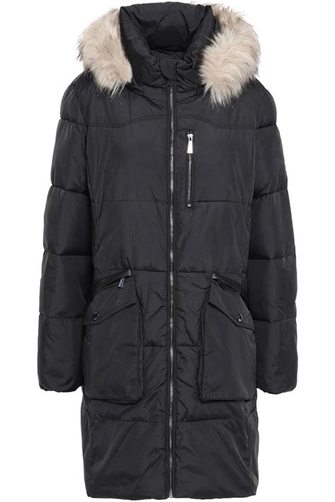 Dkny Synthetic Faux Fur And Leather Trimmed Quilted Shell Hooded Coat