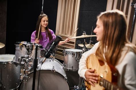 Focus On Pretty Brunette Teenage Drummer Stock Photo Image Of Instruments Merry 303060150