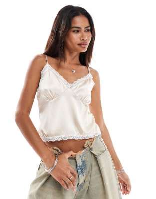 Reclaimed Vintage Satin Lingerie Cami With Lace Trim In Neutral Asos